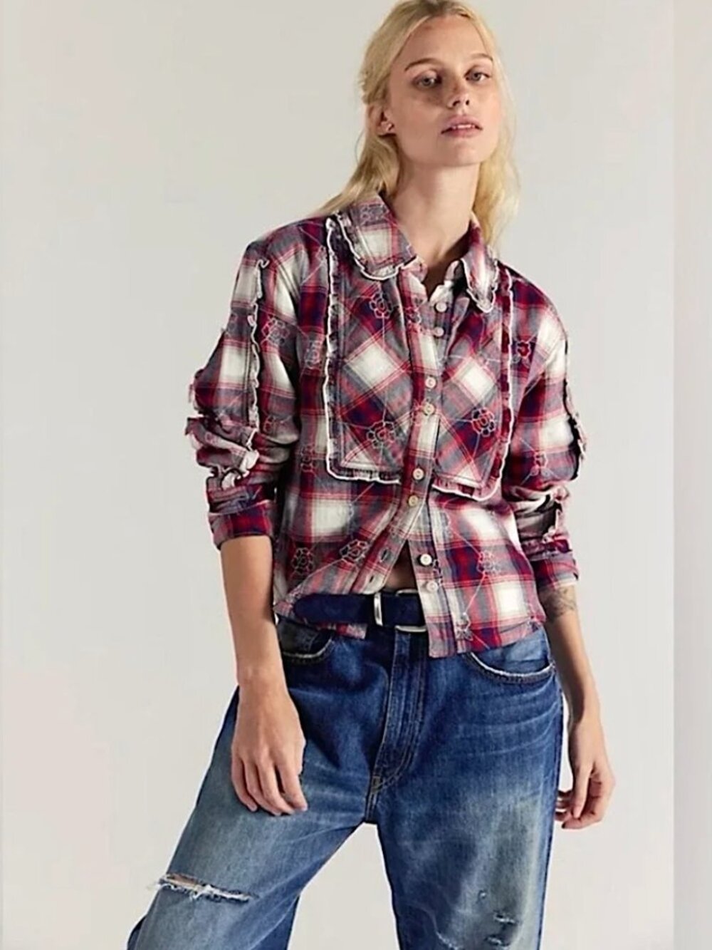 FREE PEOPLE WE THE FREE Georgia Plaid Embroidered Button Down Shirt